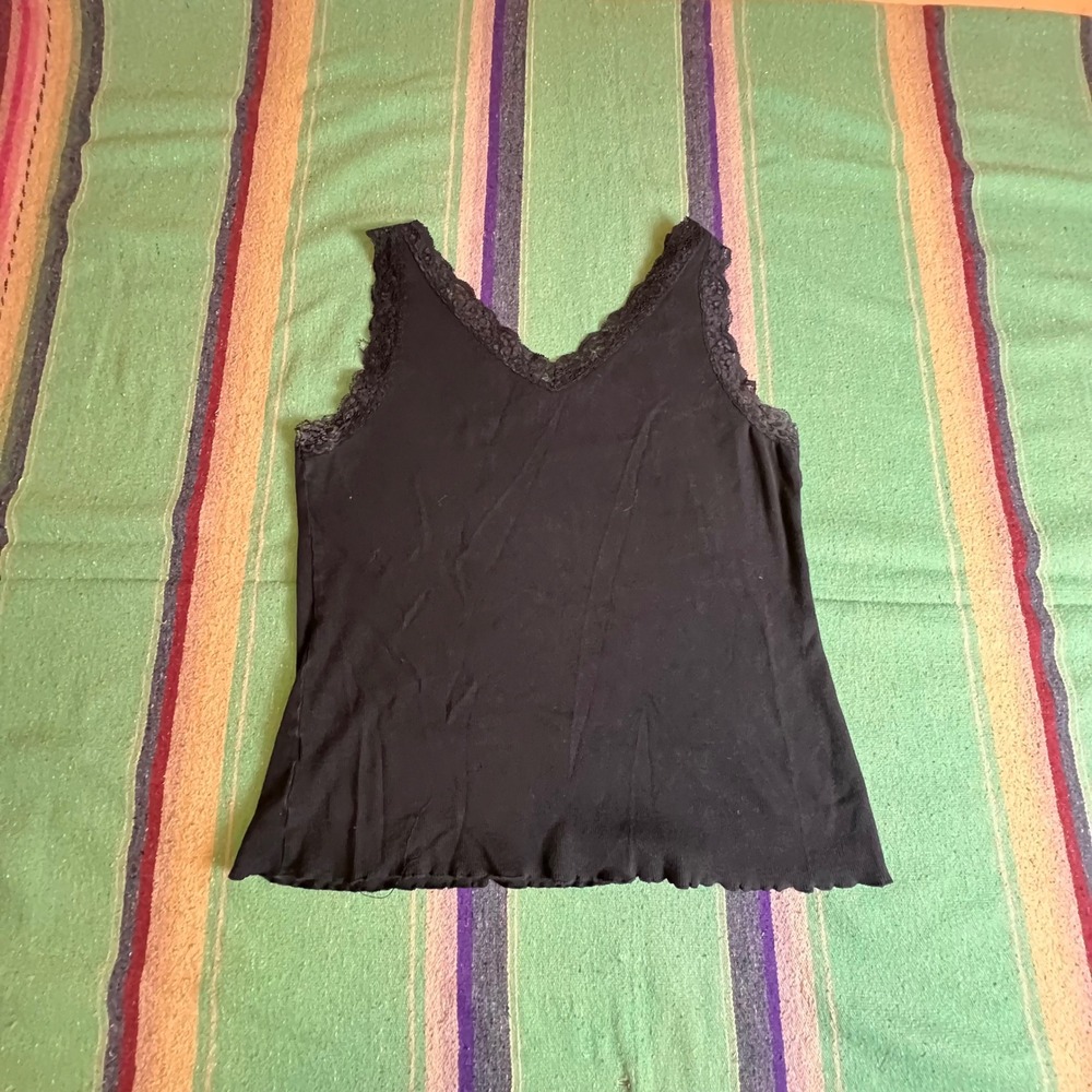 Ribbed Tank Top Womens M Black Lace Trim V-Neck Lettuce Hem Y2K 90s